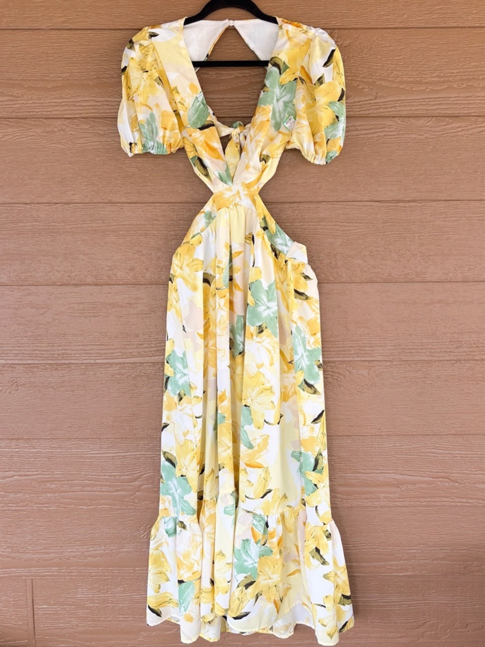 Hello Molly Yellow Floral Cutout Midi Dress with Puff Sleeves -Sz S - Picture 3 of 9